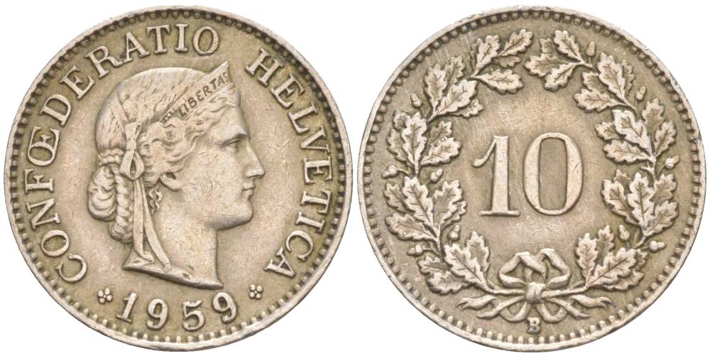 ШВЕЙЦАРИЯ 10 РАППЕНОВ 1959 В KM 27 медно-никель 55-315