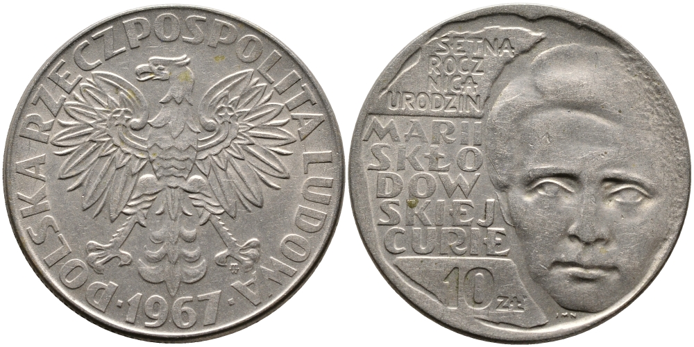 Польша 10 злотых 1967 MW, 100 лет со дня рождения Марии Склодовской-Кюри KM 59 медно-никель 441-742