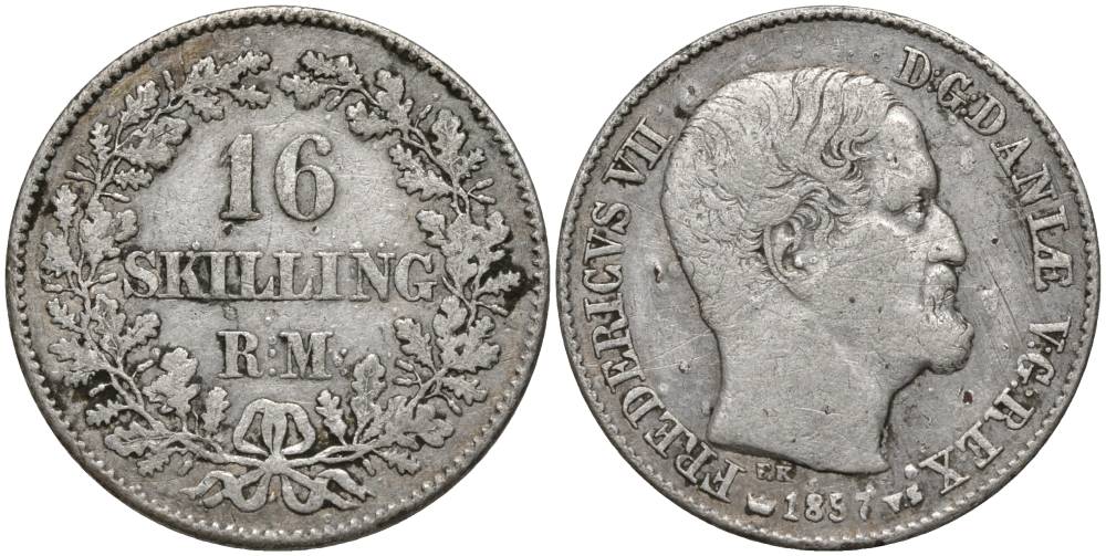ДАНИЯ 16 СКИЛЛИНГОВ РИГСМОНТ 1857 RM, ФРЕДЕРИК VII KM 765 (С 137) серебро 27-434