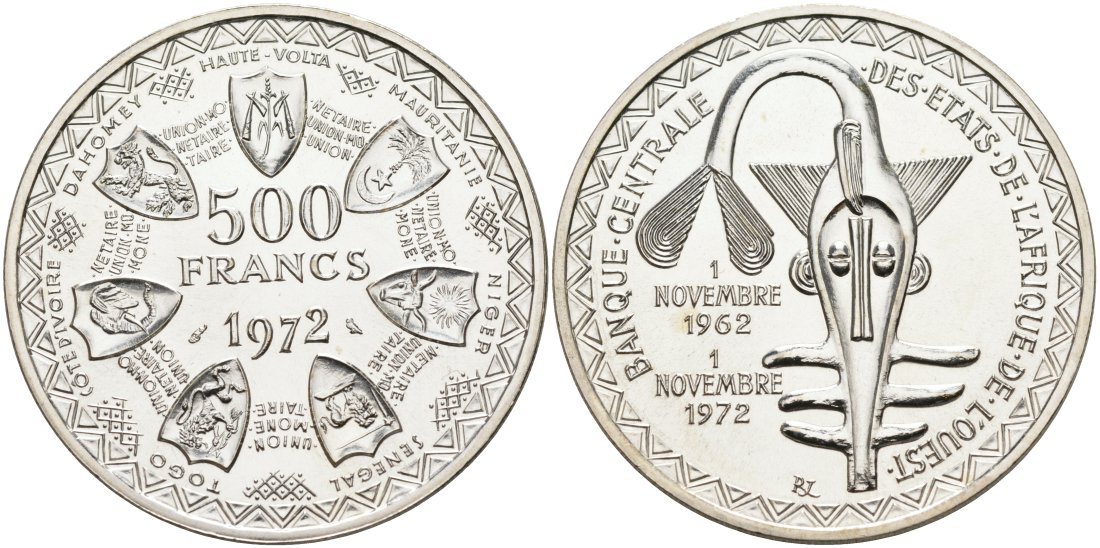 Валютный Союз стран Западной Африки 500 франков 1972 10 ЛЕТ монетНОМУ СОЮЗУ, гербЫ KM 7 серебро PROOFLIKE 00-000-00
