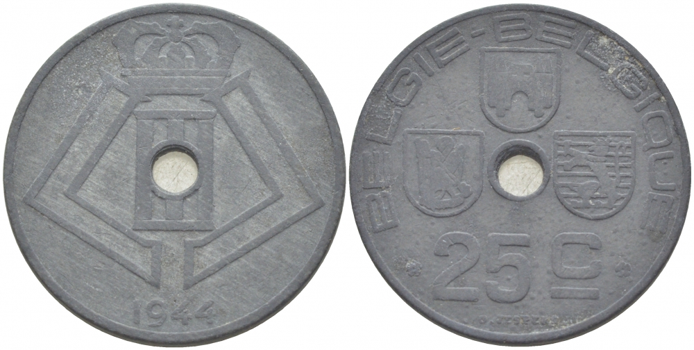 БЕЛЬГИЯ 25 САНТИМОВ 1944 BELGIE-BELGIQUE, ГЕРМАНСКАЯ ОККУПАЦИЯ, ВТОРАЯ МИРОВАЯ ВОЙНА KM 132 цинк 213-854
