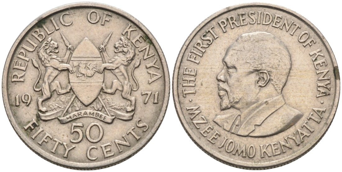 Кения 50 центов 1971 Джомо Кениата KM 13 медно-никель 4573-532