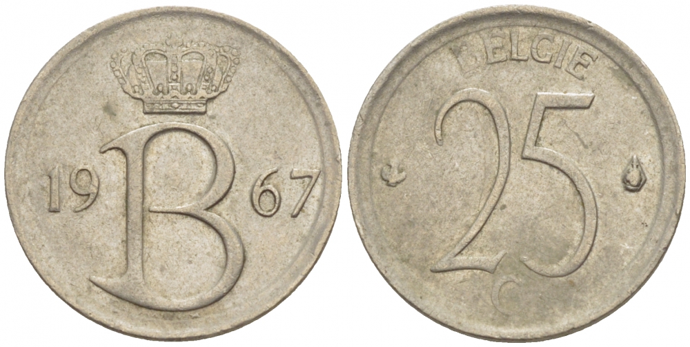 Бельгия 25 сантимов 1967 Belgie, Бодуэн I (1951-1993) KM 154.1 медно-никель 4528-131