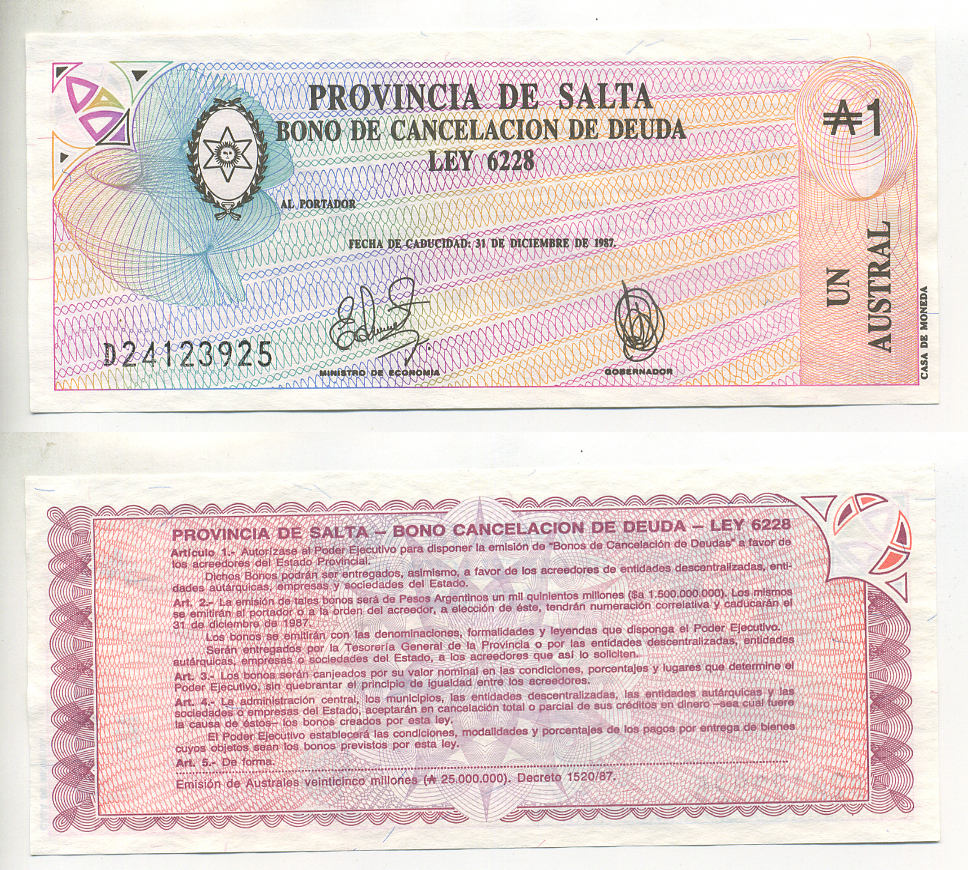 Аргентина, провинция Сальта 1 аустраль 1987 Pick S 2612е бумага UNC (пресс) 6299-32-3
