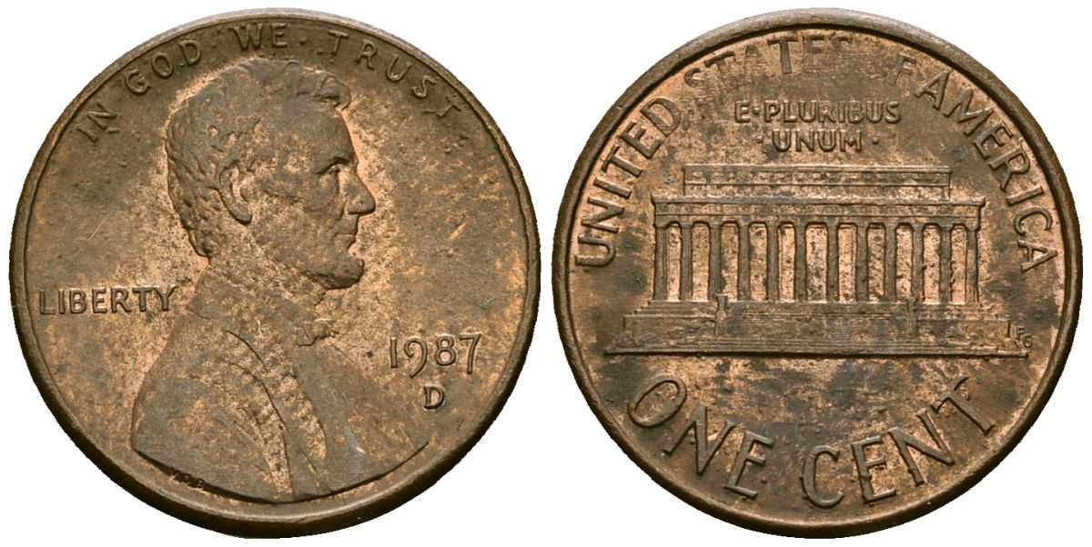 США 1 цент 1987 D, Линкольн KM 201b цинк плакированный медью 4136-329