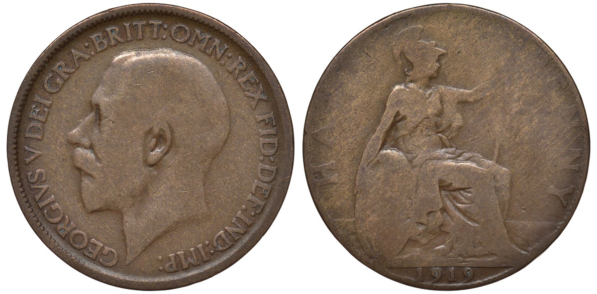Великобритания 1/2 пенни 1919 Георг V (1910-1936) KM 809, Spink 4056 бронза 4122-725