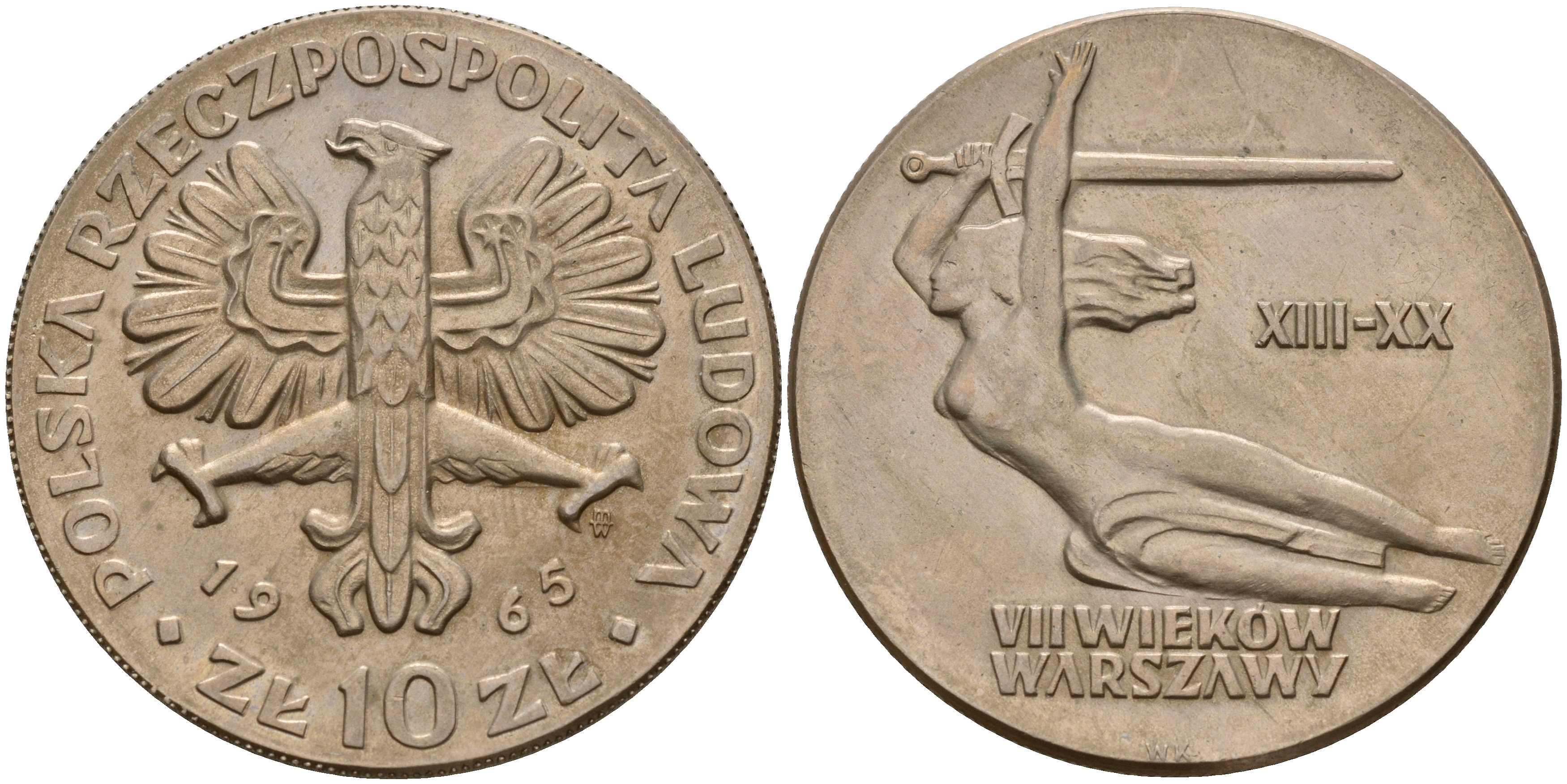 Польша 10 злотых 1965 700 лет Варшаве, богиня победы Ника с мечем KM 54 медно-никель 4599-645