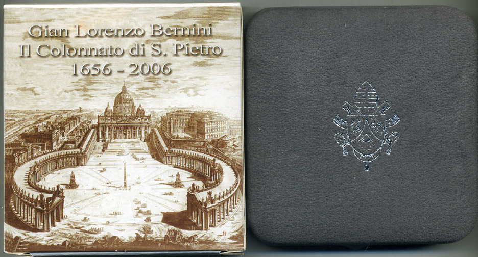 Ватикан 10 евро 2006 Бенедикт XVI, Джованни Лоренцо Бернини, колоннада собора Святого Петра, в оригинальной коробке, с сертификатом KM 384 серебро PROOF 7-1-44