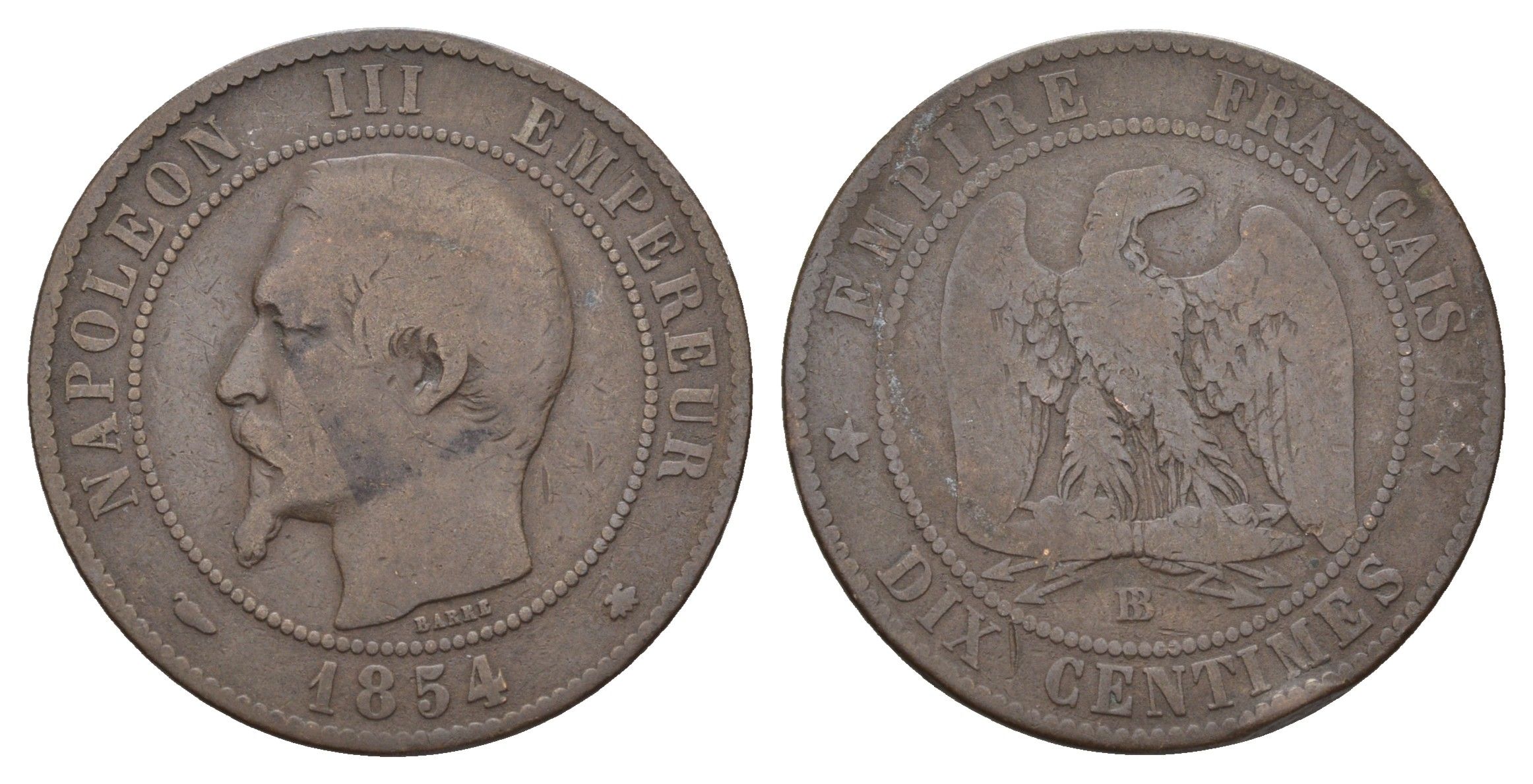 Франция 10 сантимов 1854 BB, Наполеон III (1852-1870) KM 771.3 бронза 35-342