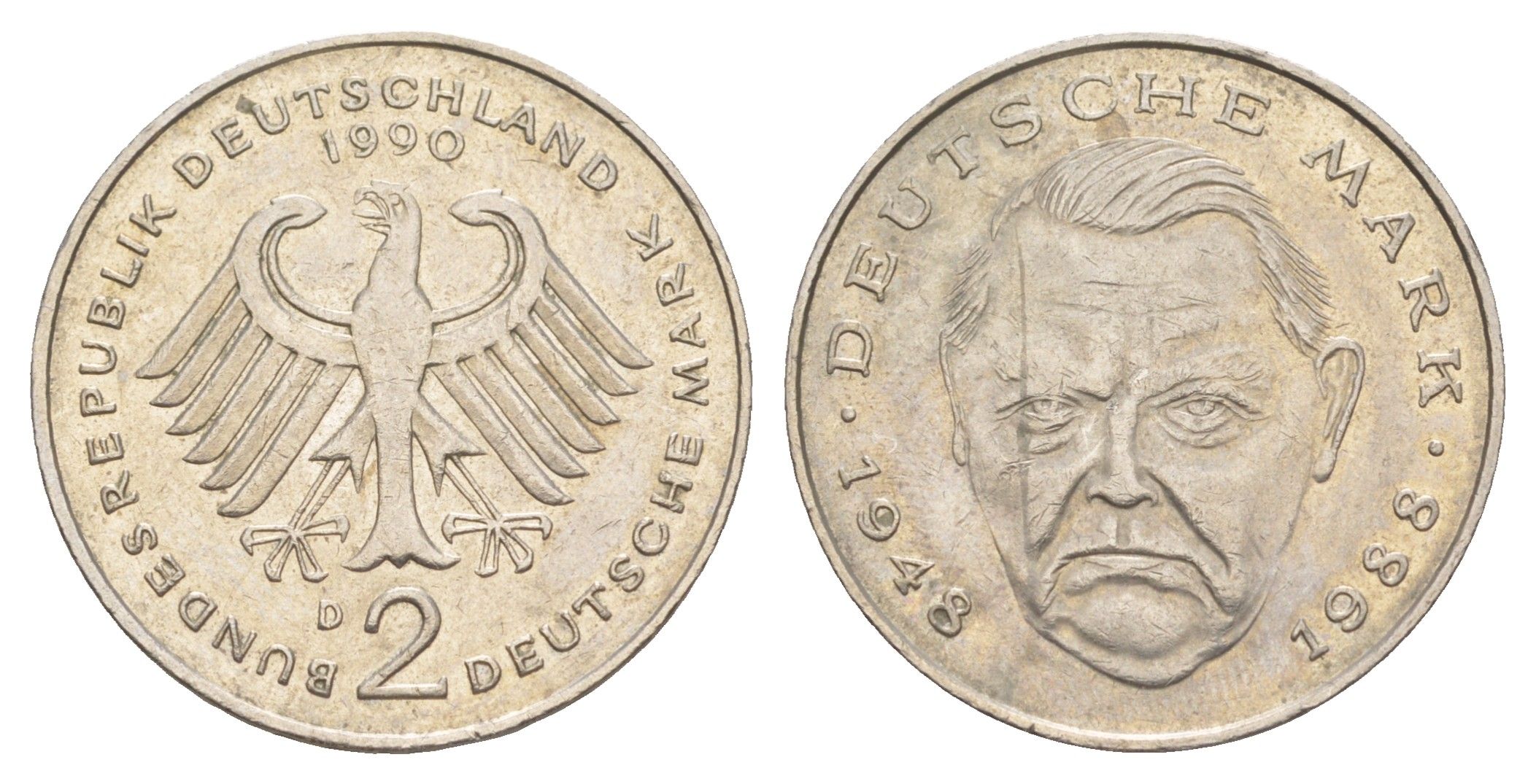 ФРГ 2 марки 1990 D, Людвиг Эрхард, 40 лет Федеративной Республике KM 170, J. 445 медь плакированная медно-никелем 4641-842