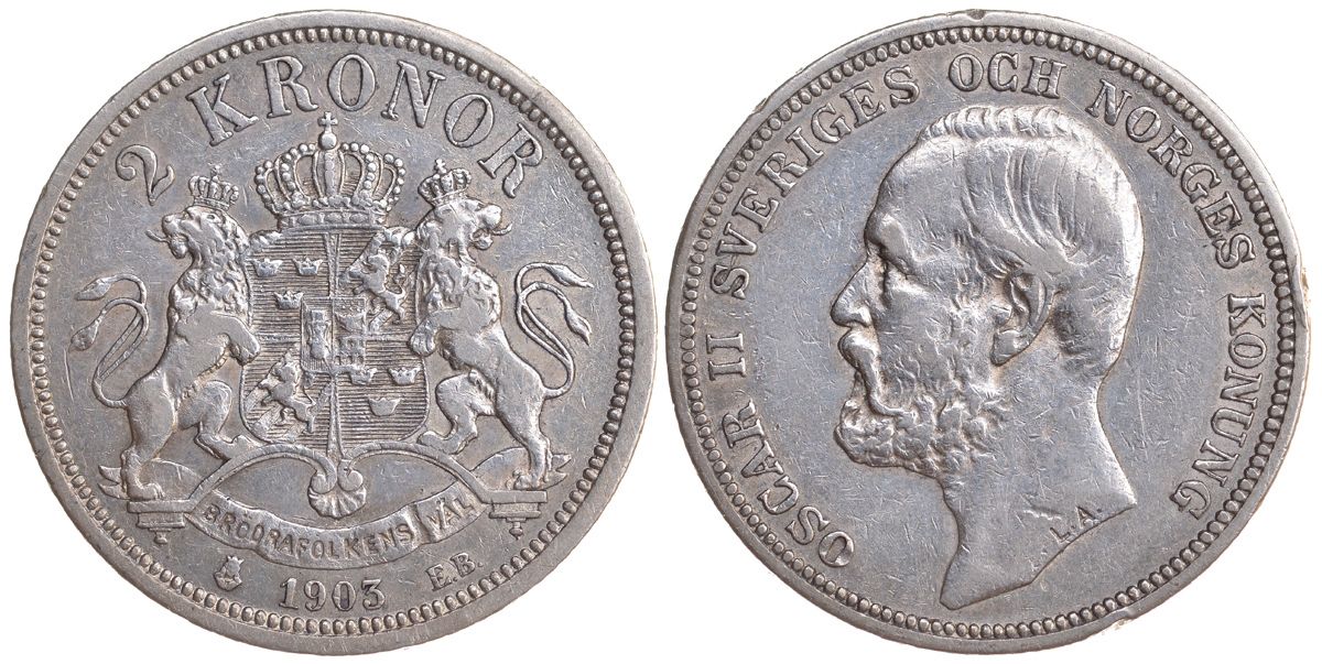 Швеция 2 кроны 1903 EB, Оскар II (1872-1907) король Швеции и Норвегии KM 761 серебро 4178-1216