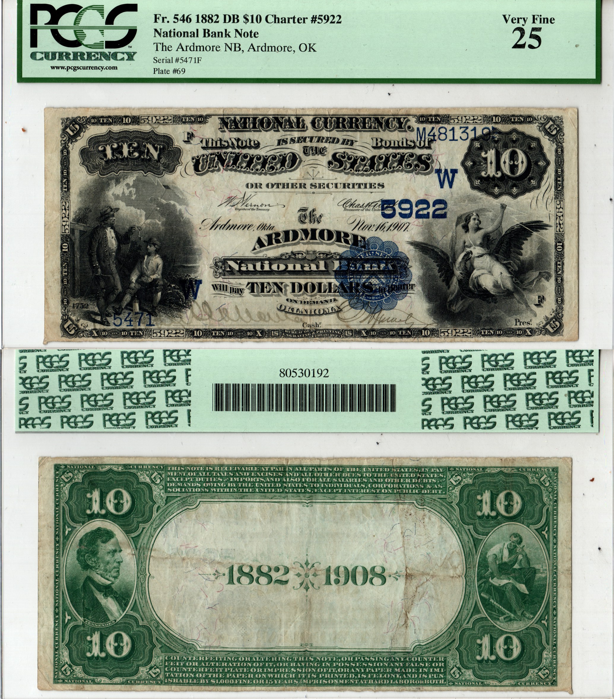 США, National Bank Note 10 долларов 1882 Национальный Банк Ардмора, Оклахома. В слабе компании PCGS Currency. Сохранность - «25». Fr. 546  бумага   452-1-191