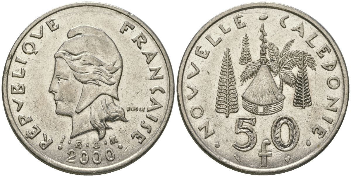 Французская Новая Каледония 50 франков 2000 хижина среди сосен и пальм, (IEOM) KM 13, Schoen 15, Lec 121 никель 111-616