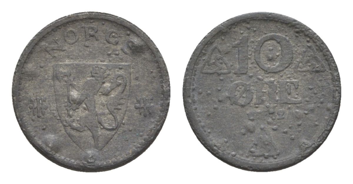 Норвегия 10 эре 1942 Хокон VII (1905-1957) KM 389 цинк 4632-1131