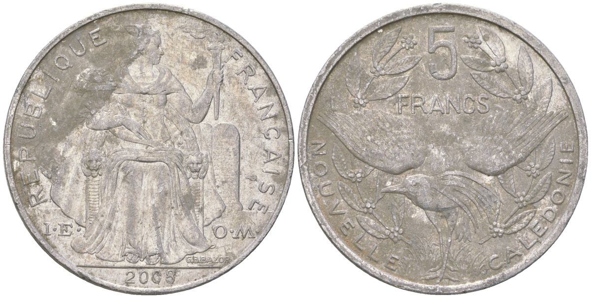 Французская Новая Каледония 5 франков 2007 птица кагу, (IEOM) KM 16, Schoen 12, Lec 81k алюминий 215-112