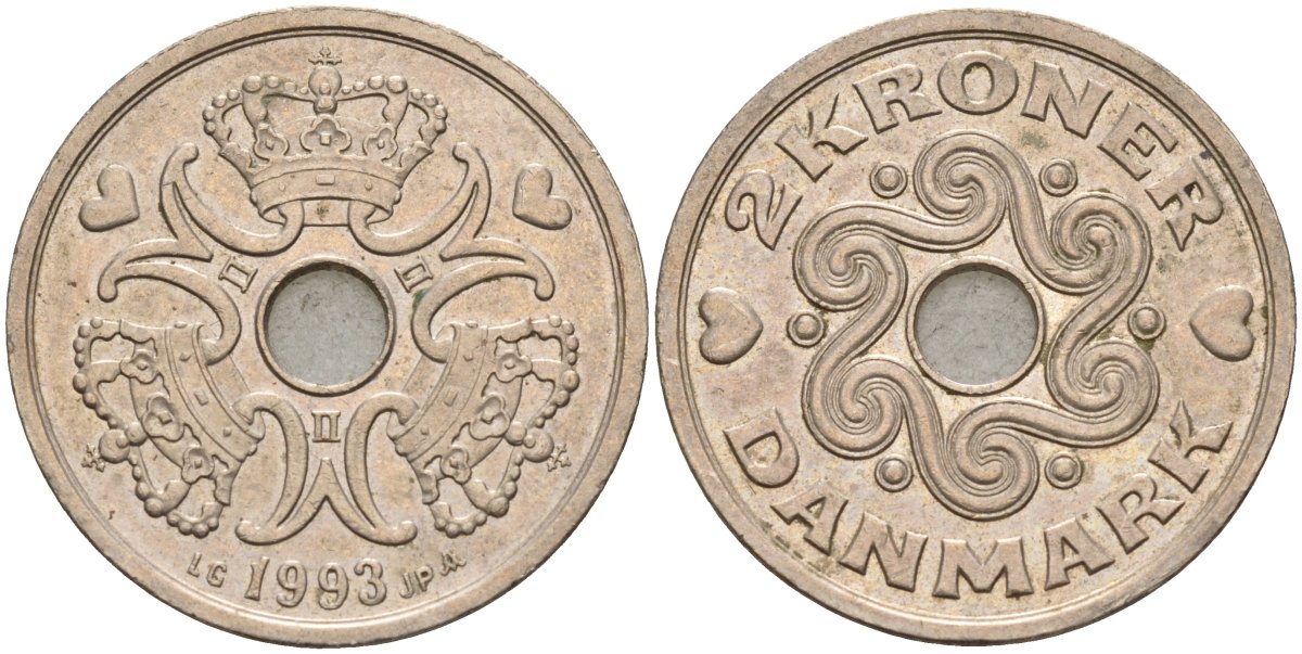 Дания 2 кроны 1993 LG; JP; A, Маргрете II (1972- ) KM 874.1 медно-никель 4143-1211