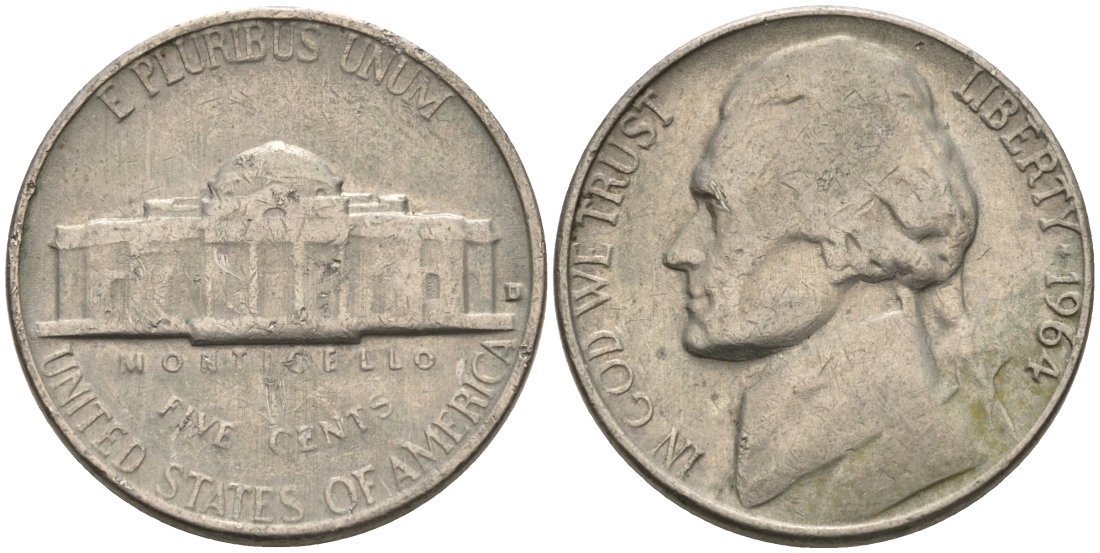США 5 центов 1964 D, Джефферсон KM А192 медно-никель 92-1122
