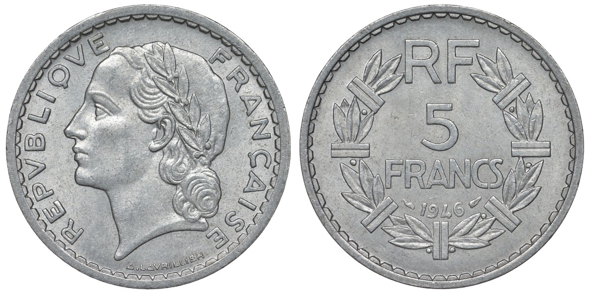 Франция 5 франков 1946 open 9 KM 888b.1, Le Franc 339.6 алюминий 4123-531