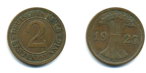 ГЕРМАНИЯ 2 РЕНТПФЕННИГА 1923 A J 307, KM 31 бронза 46-1212