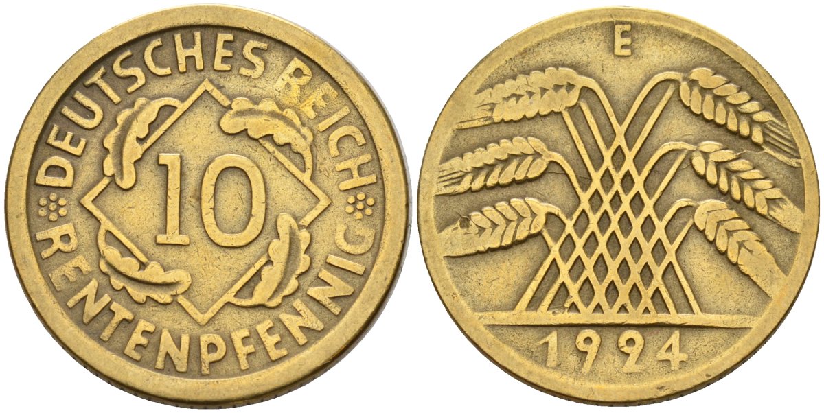 Германия 10 рентенпфеннигов 1924 E KM 33, J .309, Weege 8 алюминиевая бронза 4143-525