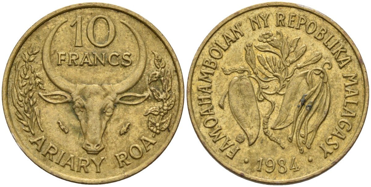Мадагаскар 10 франков 1984 KM 11 алюминиевая бронза 4141-624