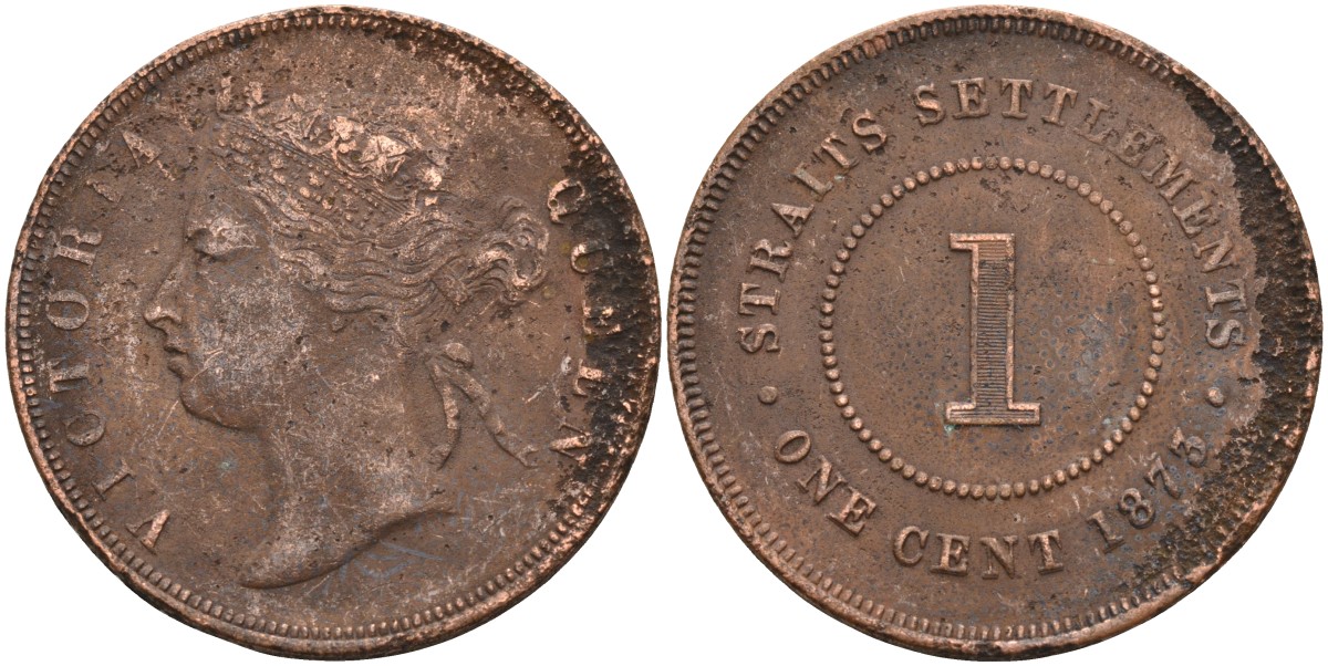Стрейтс-Сетлментс 1 цент 1873 Виктория (1837-1901), Ост-Индская компания KM 9 медь 4590-321
