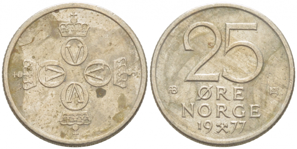 Норвегия 25 эре 1977 Улаф V (1958-1991) KM 417 медно-никель 3955-266