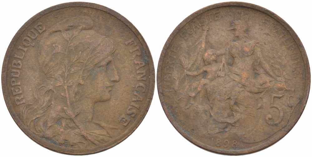 ФРАНЦИЯ 5 САНТИМОВ 1898 ТИП ДАНИЭЛЬ ДЮПЮИ KM 842, LE FRANC 119.5 бронза 108-811