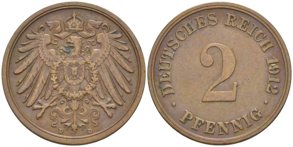 Германия 2 пфеннига 1912 D KM 16, J. 11, Weege 4 медь 206-625