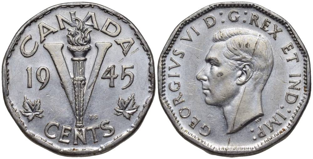 Канада 5 центов 1945 Георг VI (1937-1952) KM 40а сталь плакированная хромом 27-516