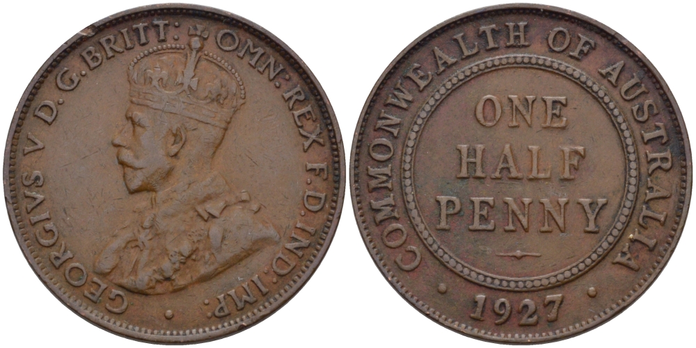 АВСТРАЛИЯ 1/2 ПЕННИ 1927 ГЕОРГ V KM 22 бронза 67-1221