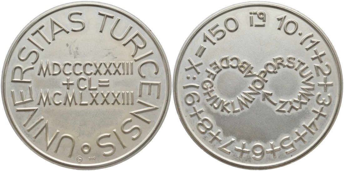 Швейцария медаль 1983 150 ЛЕТ ЦЮРИХСКОМУ УНИВЕРСИТЕТУ (1833 + 150 = 1983), диаметр 42 мм., ПРОБА 900, вес 33,21 гр. серебро 05-140-33