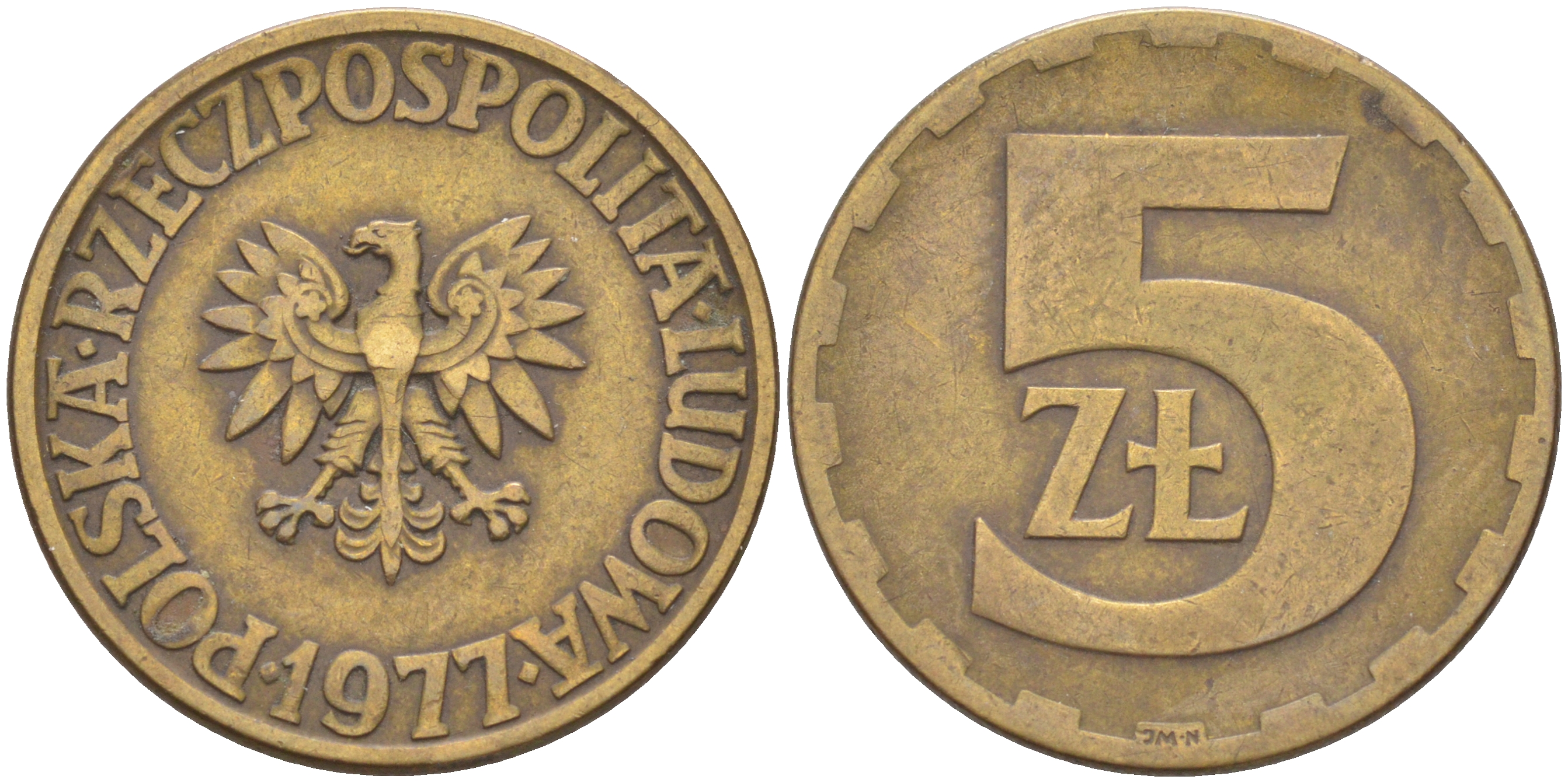 Польша 5 злотых 1977 монетный двор Ленинград (ЛМД) KM 81.1, Parchimowicz 221c латунь 106-617