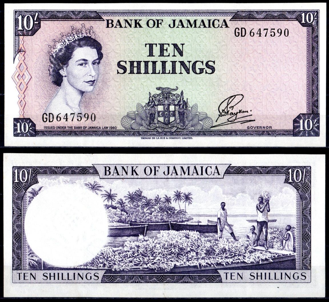 Ямайка 10 шиллингов 1960 (1964) королева Елизавета II (1952-2022), банановая плантация Pick 51 Bb бумага UNC (пресс) 451-418-1