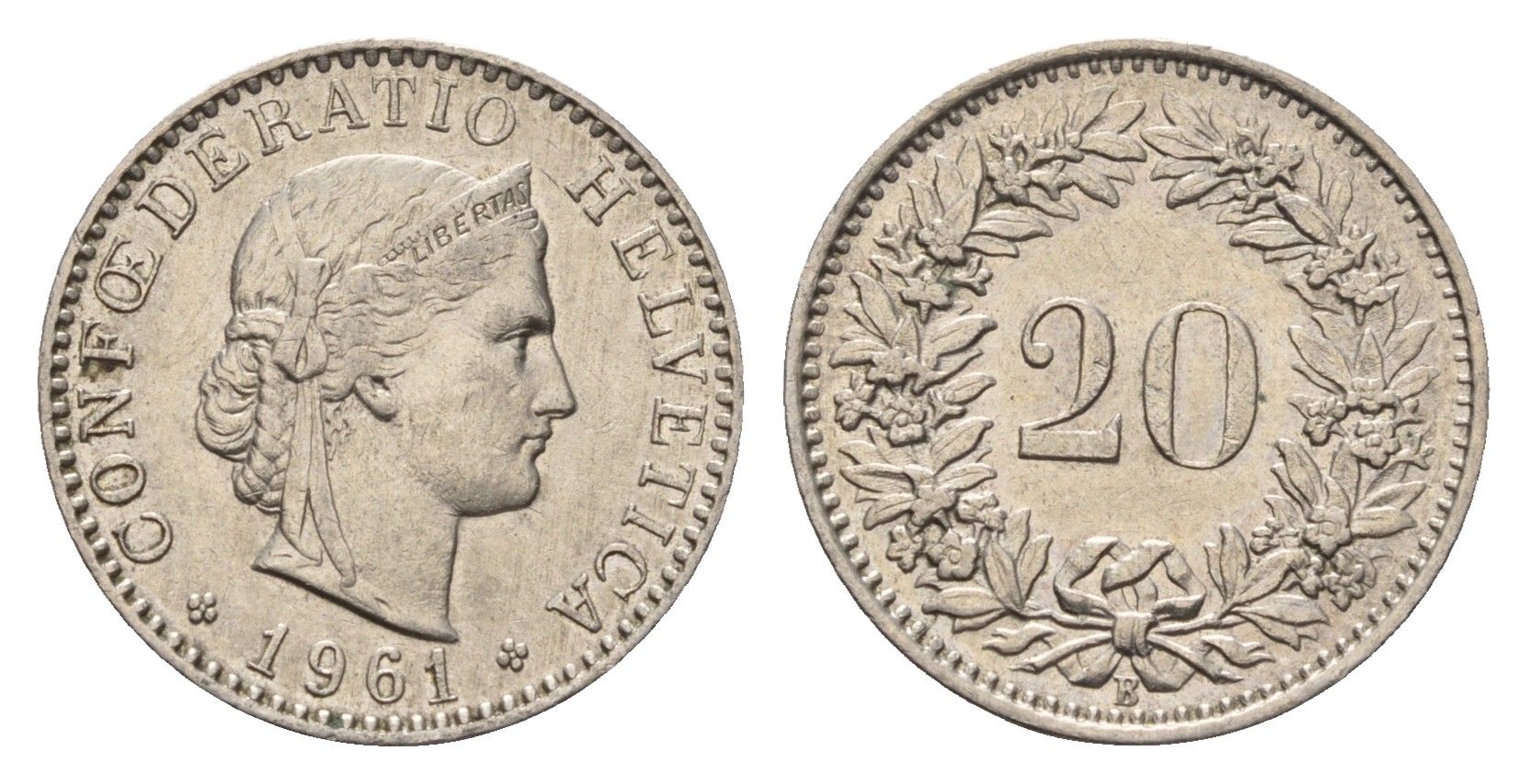 Швейцария 20 раппенов 1961 KM 29a медно-никель 4685-265