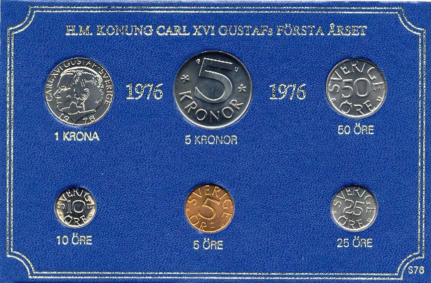 Швеция набор монетного двора из 6 монет 1976 в картоне, Карл XVI Густав (1973- ) KM MS4 UNC 7-5-7-220