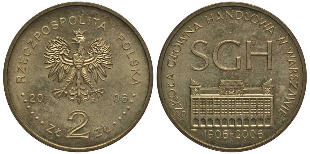Польша 2 злотых 2006 MW, 100 лет Варшавской школы экономики KM 609 латунь 114-244