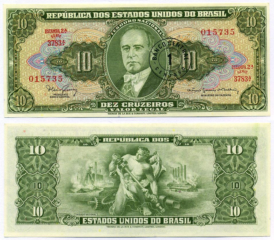 БРАЗИЛИЯ 1 СЕНТАВО 1967 НАДПЕЧАТКА НА 10 КРУЗЕЙРО, СЕРИЯ 3783, ESTAMPA 2A, ЖЕТУЛИУ ВАРГАС Pick 183b бумага UNC (ПРЕСС) 8564-46-1