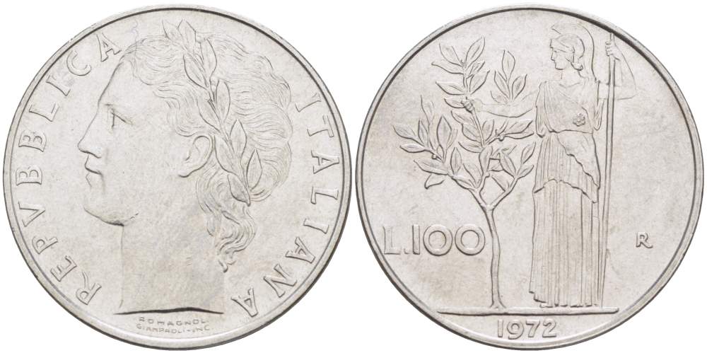 ИТАЛИЯ 100 ЛИР 1972 R, АФИНА, ДИАМЕТР 28 ММ. KM 96.1 нержавеющая сталь 4512-942