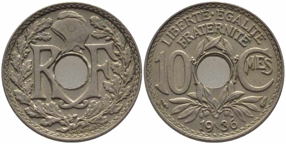 ФРАНЦИЯ 10 САНТИМОВ 1936 ТИП ЛИНДАЙЁ KM 866а, LE FRANC 138.23 медно-никель 108-226