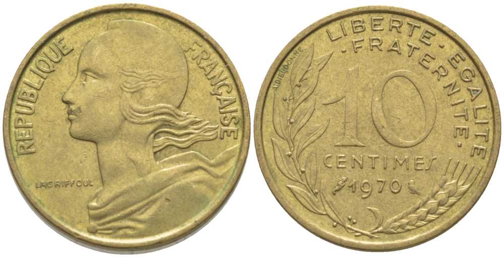 ФРАНЦИЯ 10 САНТИМОВ 1970 ТИП MARIANNE KM 929, LE FRANC 144.10 медь алюминий никель 116-121