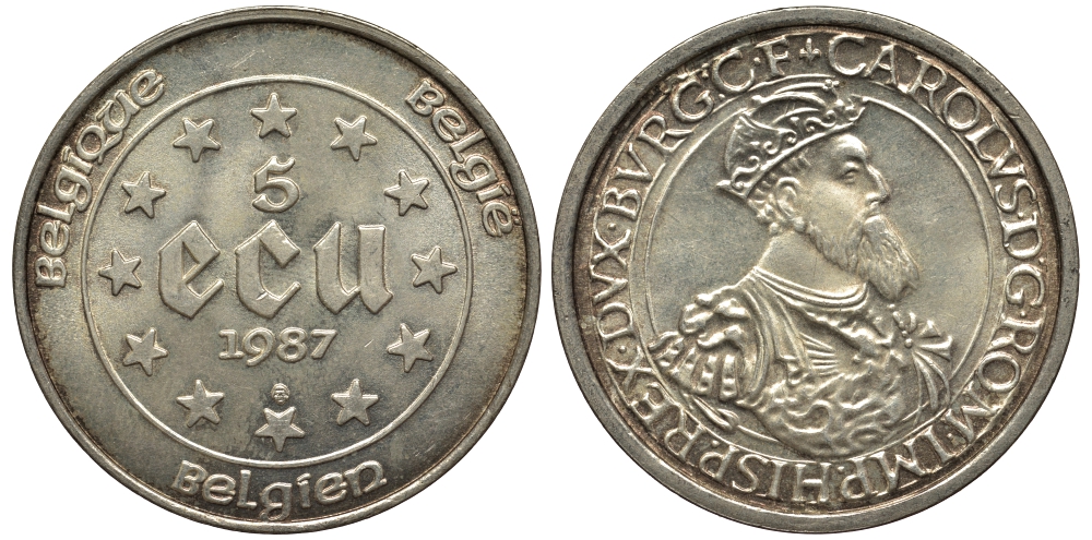 Бельгия 5 экю 1987 30 лет Римскому договору, Карл V Габсбург (1500-1558) KM 166 серебро UNC 443-1031