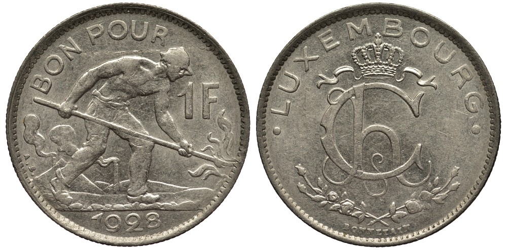 ЛЮКСЕМБУРГ 1 ФРАНК 1928 СТАЛЕВАР, ДИАМЕТР 22,8 ММ., ВЕЛИКАЯ ГЕРЦОГИНЯ ШАРЛОТТА (1919-1964) KM 35 никель 4538-853