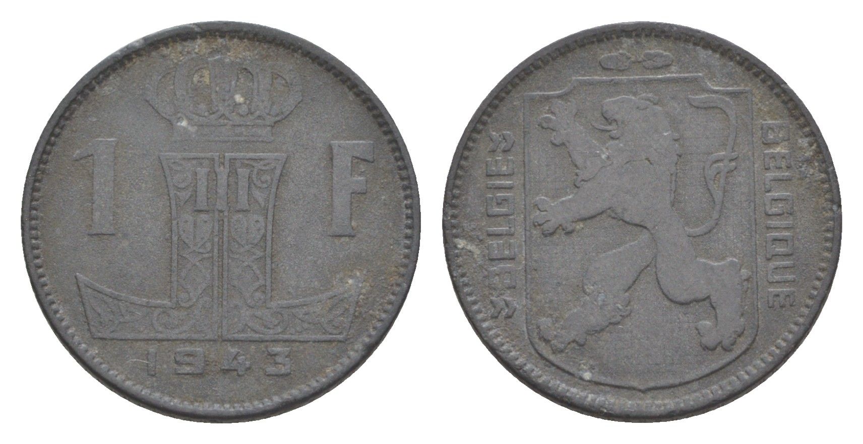 Бельгия 1 франк 1943 Belgique - Belgie, Леопольд III (1934-1947), германская оккупация, Вторая мировая война KM 128 цинк 4636-228