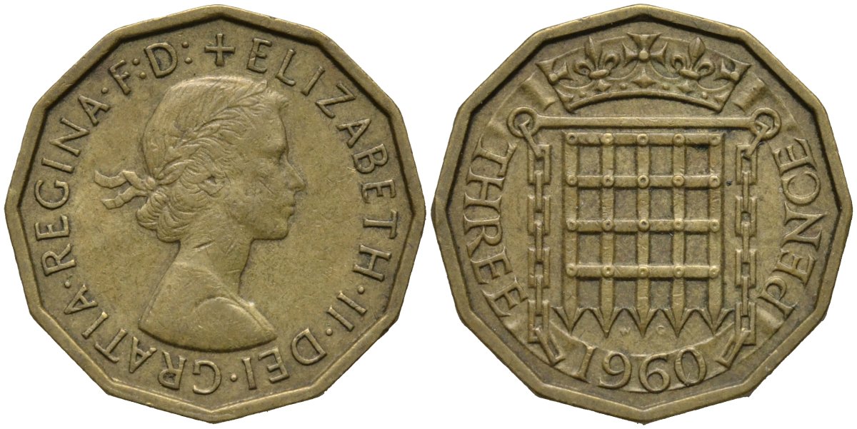 Великобритания 3 пенса 1960 Елизавета II (1952-2022) KM 900, Spink 4153 никель латунь 4171-547