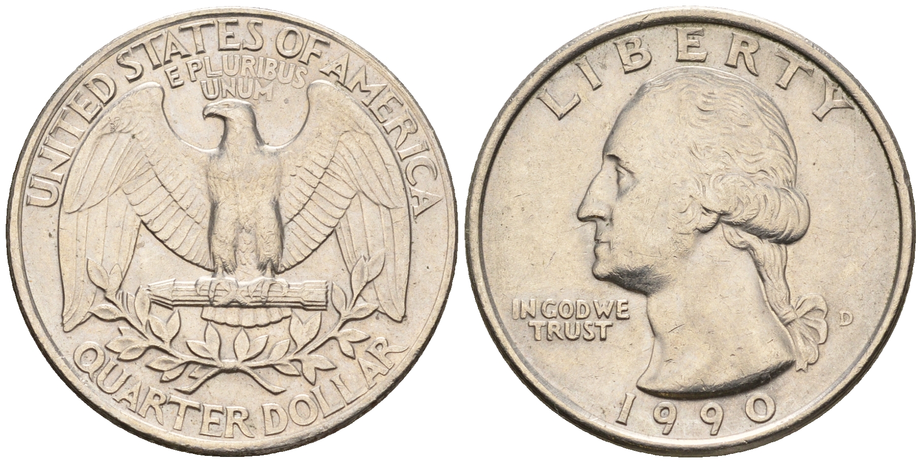 США 25 центов = квотер 1990 D, Вашингтон KM A164a медь плакированная медно-никелем 259-1015