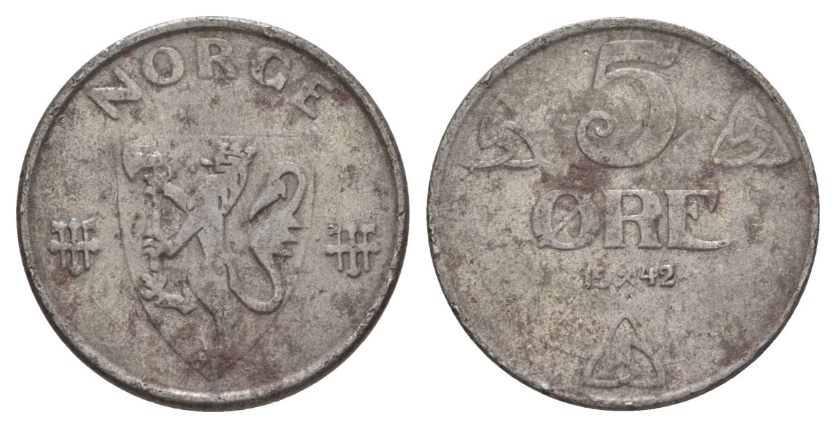 Норвегия 5 эре 1942 Хокон VII (1905-1957) KM 388 железо 4635-536