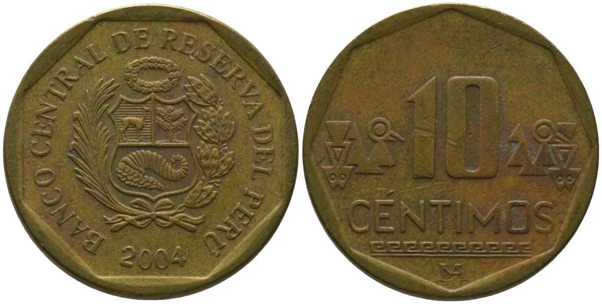 Перу 10 сентимо 2004 LIMA KM 305.4, Schon 104 латунь 4543-831