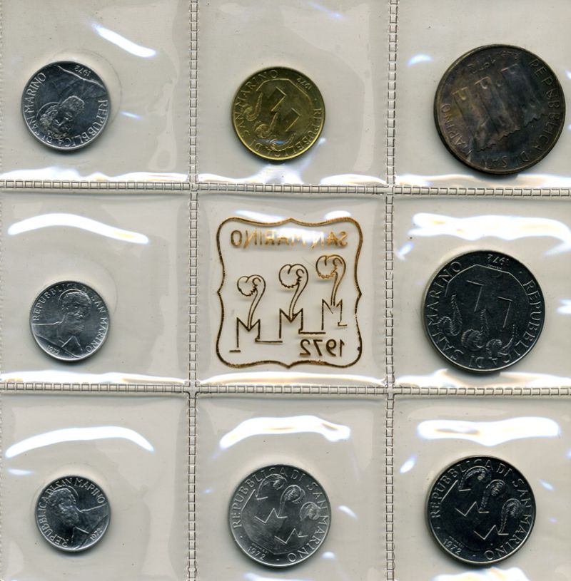 Сан-Марино годовой набор из 8 монет 1972 1, 2, 5, 10, 20, 50, 100 и 500 лир мать поднимает ребенка в воздух KM 14-21, в оригинальной пластиковой запайке серебро KM MS1 серебро UNC 7-5-1-9