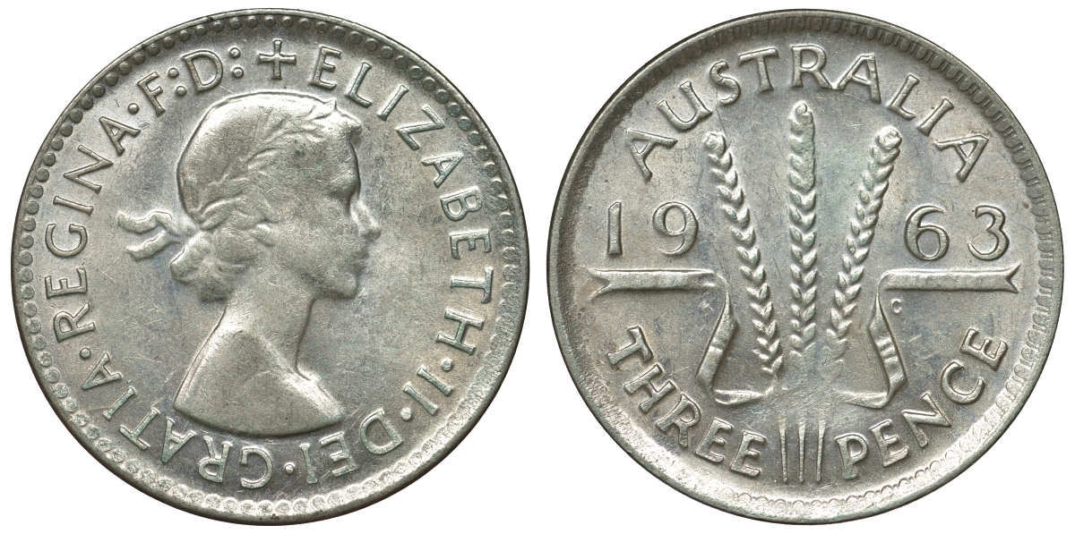 Австралия 3 пенса 1963 m, Елизавета II (1952-2022) KM 57 серебро 71-924
